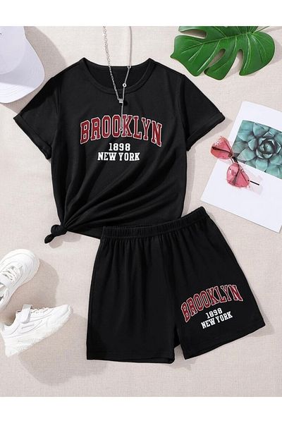 Josette Unisex Black Brooklyn Printed Bottom Top Shorts T-shirt Set