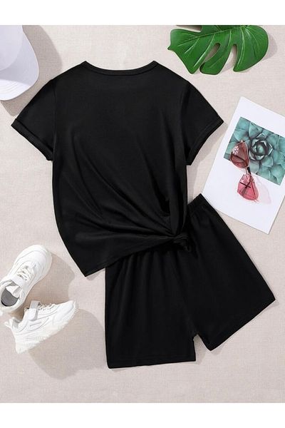 Josette Unisex Black Brooklyn Printed Bottom Top Shorts T-shirt Set