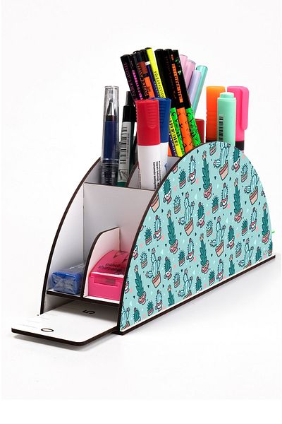 kutuTR Wooden Vip Flover Series Desktop Pen Holder Organizer with Rainbow Ruler Assembled Box