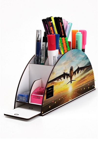 kutuTR Wooden Vip Airplane Series Desktop Pen Holder Organizer with Rainbow Ruler Assembled Box