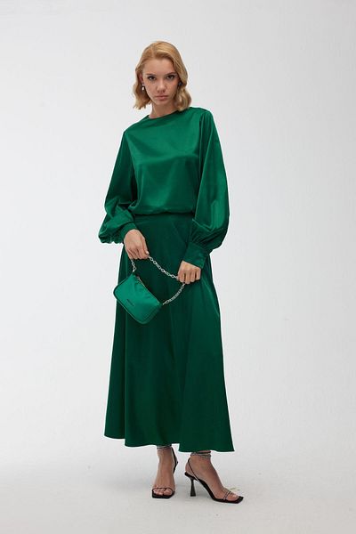 Manuka Σατέν Βραδινό Φόρεμα Flared Φούστα Emerald