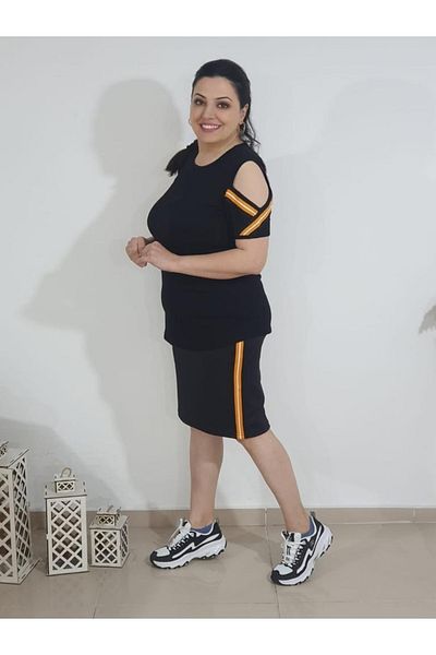 Melis Designer Plus Size Yellow Striped Skirt Set