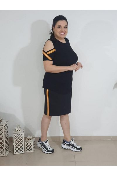 Melis Designer Plus Size Yellow Striped Skirt Set
