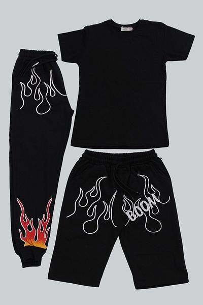 Çiggo Kids Tricou simplu din bumbac de bază și combinație de 3 piese cu fund cu imprimeu 2 Boom