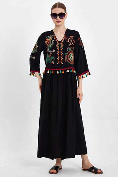 AYASOFYA OTANTIK Women's Black Ethnic Authentic Dress with Embroidery and Tassel Detail