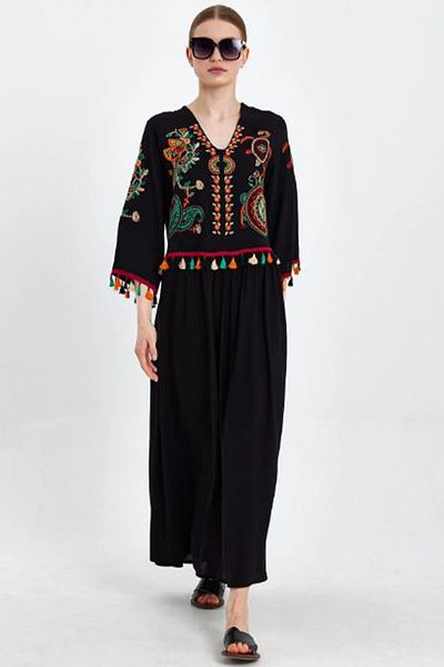 AYASOFYA OTANTIK Women's Black Ethnic Authentic Dress with Embroidery and Tassel Detail