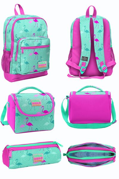 Coral High Su Yeşili Neon Pembe Flamingo Desenli Dört Bölmeli Okul Sırt Çanta...