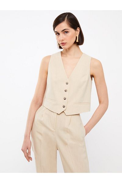 LC Waikiki Damen Weste aus Leinenmischung mit V-Ausschnitt