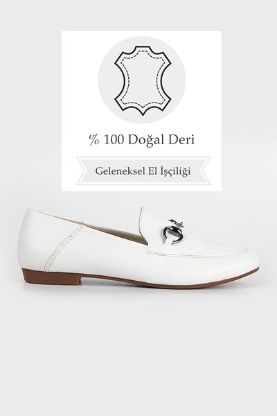 TUNAELLİ حذاء باليرينا نسائي من الجلد الطبيعي باللون الأبيض مقاس 35-41-42 مع إبزيم