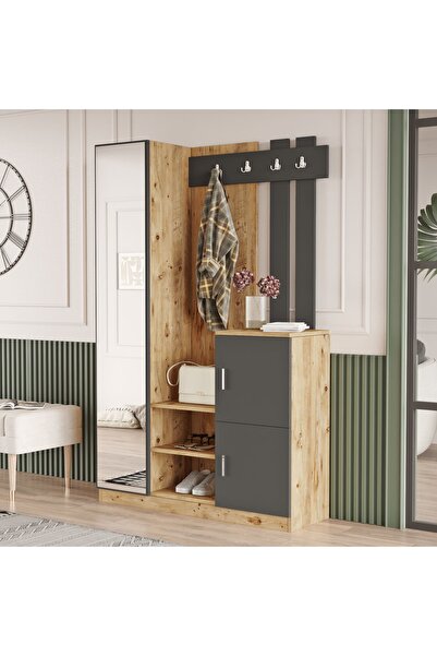 L'occi Concept Hannover Aynalı Askılı Kapaklı Vestiyer Portmanto Ayakkabılık Çam-gri