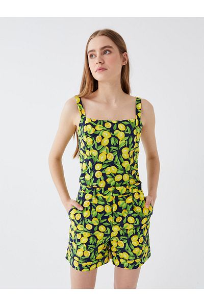 LC Waikiki Gemusterte Popeline-Bluse mit eckigem Ausschnitt und Trägern