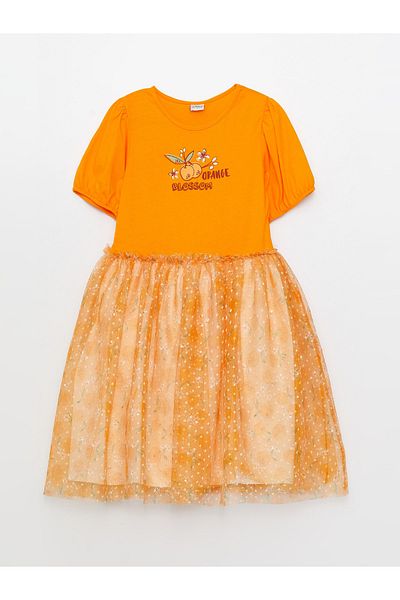 LC Waikiki Crew Neck Girl's Dress - Printed and Short Sleeve