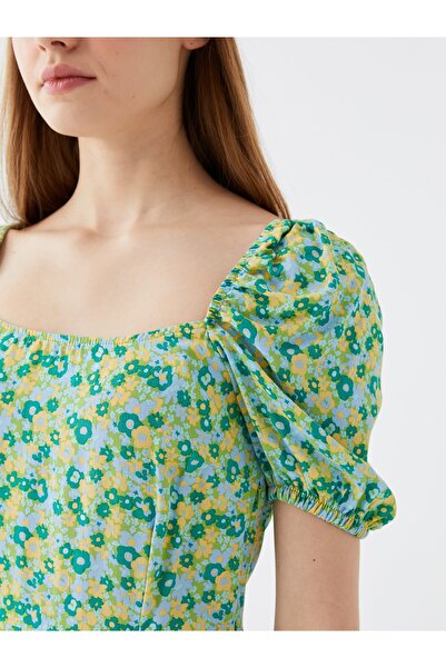 LC Waikiki Srdíčkový výstřih s krátkým rukávem, vzorované dámské šaty