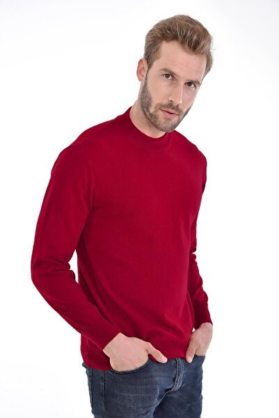 Çizgi Triko Men's Half Fisherman Angora Rabbit Wool Claret Red Sweater Regular Fit