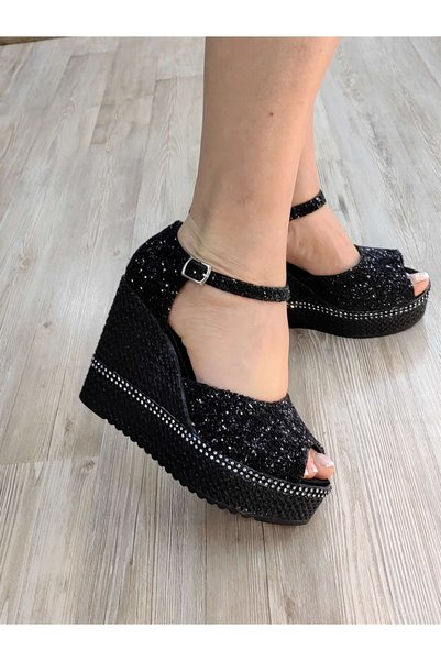 Ayakkabı Tutkusu Stilo ® Black Evening Dress Shoes Wedge Heel Black Open Shoes Sandals Wedge Heel Black Comfortable Shoes New