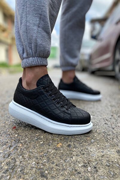 Mida Shoes High Sole Quilted Black Leather Men's Sports Shoes