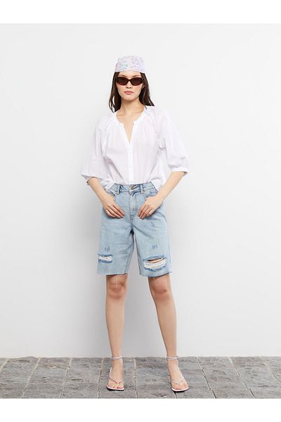 LC Waikiki Hohe Taille, Standard-Passform, gerade, mit Taschendetail, Rodeo-Jeansshorts für Damen
