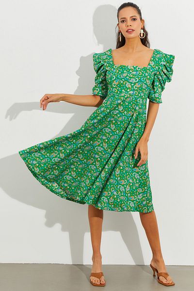 Cool & Sexy Women's Green Princess Sleeve Square Collar Midi Dress KSD2965