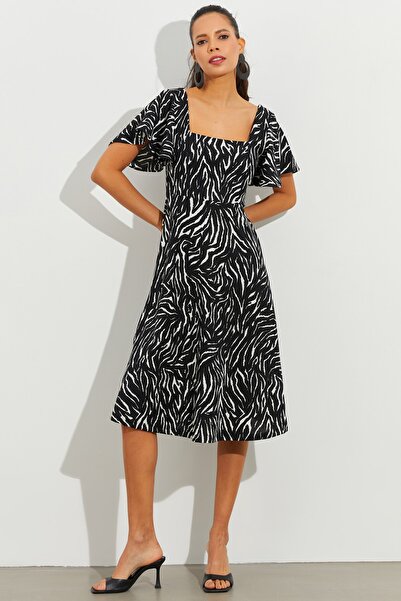 Cool & Sexy Γυναικείο Μίντι Φόρεμα με Μαύρα Μανίκια Flounce Τετράγωνο Γιακά KSD2991