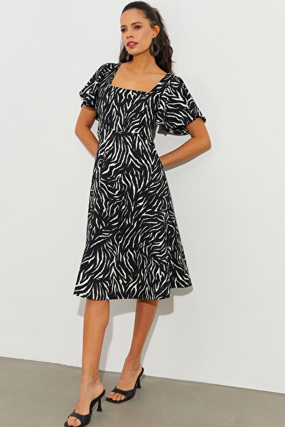 Cool & Sexy Γυναικείο Μίντι Φόρεμα με Μαύρα Μανίκια Flounce Τετράγωνο Γιακά KSD2991