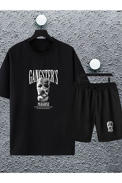 Jobia Outdoors Unisex Women Men Gangster Paradise Printed Black Design Summer Shorts Oversize Tshirt 2 Piece Set