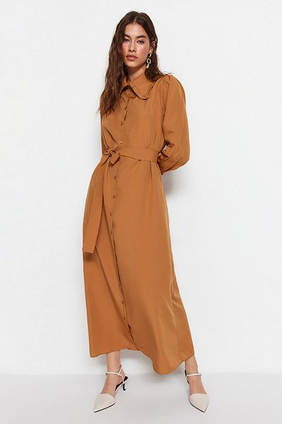 Trendyol Modest Λεπτομερές υφαντό φόρεμα καφέ ζωνισμένο γιακά TCTSS23EB00376