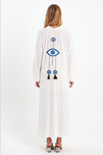 AYASOFYA OTANTIK Women's White Back Evil Eye Embroidery Detailed Balloon Long Sleeve Long Ethnic Authentic Dress