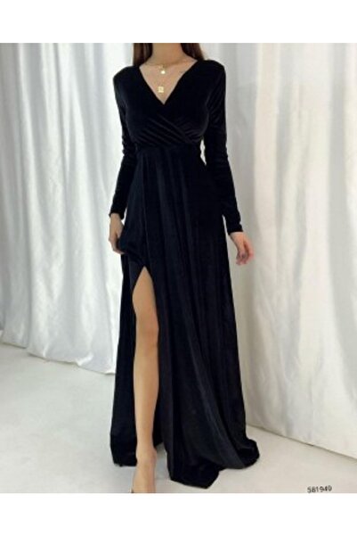 Secret Passion Lingerie Kadife Kumaş Kruvaze Yaka Yırtmaçlı Uzun Kollu Abiye Ve Mezuniyet Elbisesi 725