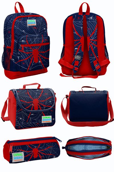 Coral High Navy Blue anD reD SpiDer PatterneD Four Compartment School BacKpacK - Lunch anD Pencil Bag