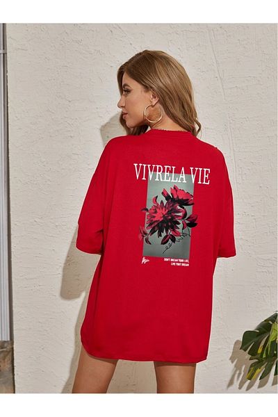 Black Sokak Unisex červené Vivre La Vie potištěné oversize bavlněné tričko s výstřihem a výstřihem