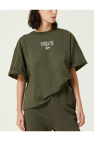 Black Sokak Βαμβακερό μπλουζάκι Unisex Khaki Vivre La Vie με στάμπα Oversize Crew λαιμόκοψη