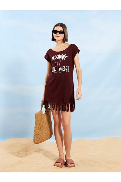 LC Waikiki Strandkleid für Damen – Rundhalsausschnitt, bedruckt, kurze Ärmel