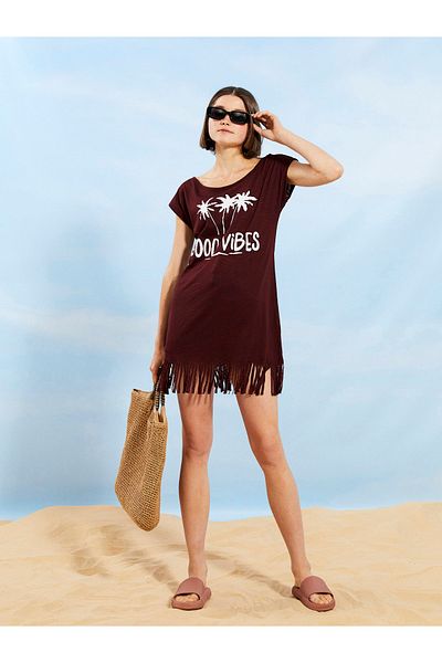 LC Waikiki Strandkleid für Damen – Rundhalsausschnitt, bedruckt, kurze Ärmel