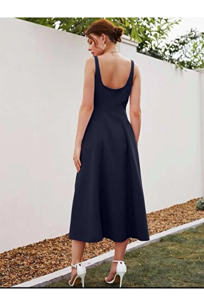 Styling Park Askılı Kare Yaka Midi Boy Elbise
