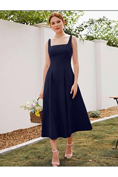 Styling Park Askılı Kare Yaka Midi Boy Elbise