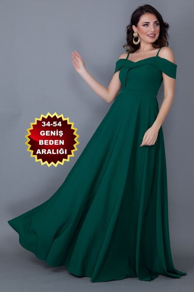lovebox Women's Flexible Atlas Fabric Thin Strap Low Shoulder Detailed Maxi Length Emerald Evening Dress 342