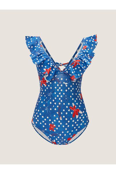LC Waikiki Gemusterter Damen-Badeanzug mit V-Ausschnitt und Rüschendetail