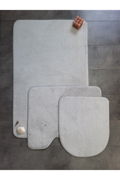 Bonny Home Σετ χαλιών μπάνιου 3 τεμαχίων Ultrasoft απλό ασημί γκρι Σετ καθίσματος τουαλέτας που πλένεται με αντιολισθητική βάση