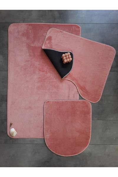 Bonny Home Σετ χαλιών μπάνιου 3 τεμαχίων Ultrasoft Plain Powder Αντιολισθητική βάση Σετ καθισμάτων τουαλέτας που πλένεται στο πλυντήριο
