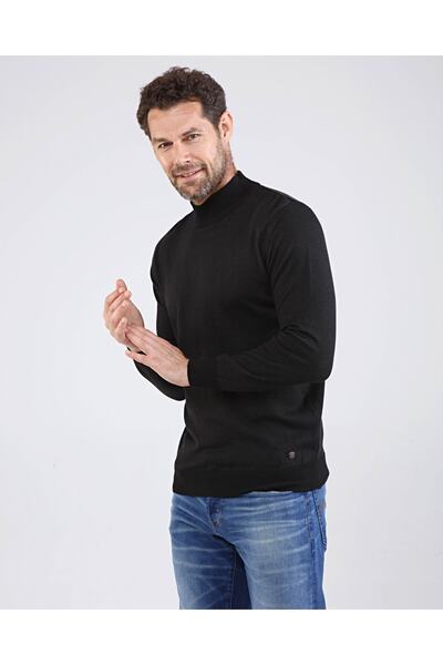 Çizgi Triko Ανδρικό μισό ζιβάγκο, βαμβακερό πλεκτό, μαύρο πουλόβερ με μοτίβο, ελαστικό μανίκι και μέση