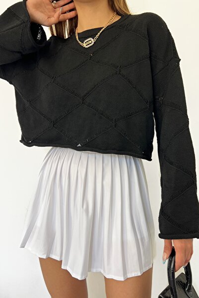 LE CARAMBOLE Women's Black Square Patterned Spanish Sleeve Crew Neck Knitwear Blouse