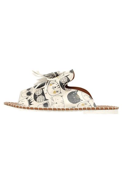 Dogo Women's Vegan Leather Beige Slippers - Monochrome Cats Design