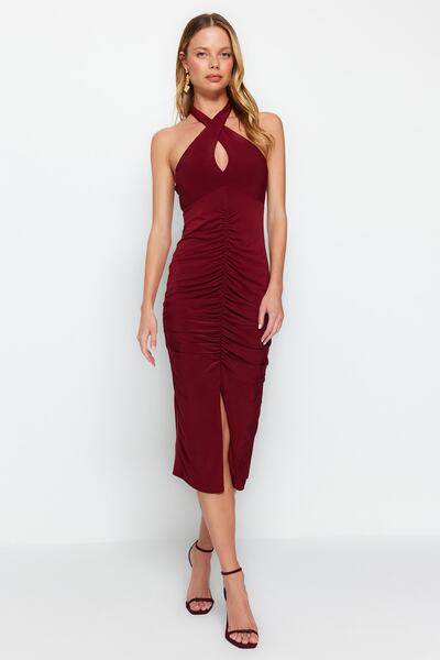 Trendyol Collection Stretchy Knitted Midi Dress - Burgundy Drape Detail, Halter Neck TWOSS23EL02370