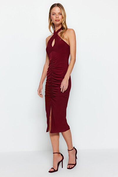 Trendyol Collection Stretchy Knitted Midi Dress - Burgundy Drape Detail, Halter Neck TWOSS23EL02370