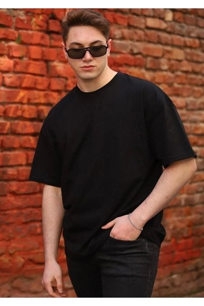 BENESSE Men's Black Oversize Combed Cotton T-shirt