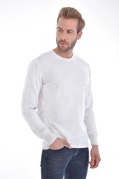 Çizgi Triko Ανδρικό πουλόβερ με λαιμόκοψη Angora Rabbit Wool White με κανονική εφαρμογή