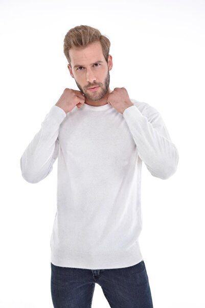 Çizgi Triko Ανδρικό πουλόβερ με λαιμόκοψη Angora Rabbit Wool White με κανονική εφαρμογή