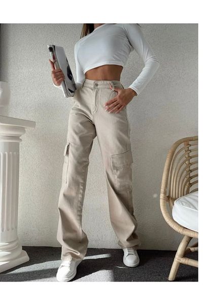 LAMİRAMOOD Pantaloni din denim cu picioare largi, bej, cu buzunar cargo
