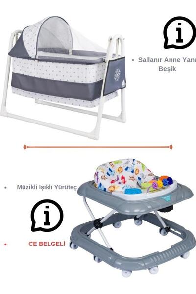 Özbay Bebek Çeyiz Seti 2li Beşik Müzikli Işıklı Yürüteç  Gri