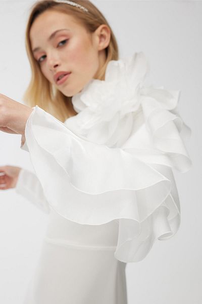 Manuka Organza Detailed Evening Dress - Ecru with Brooch